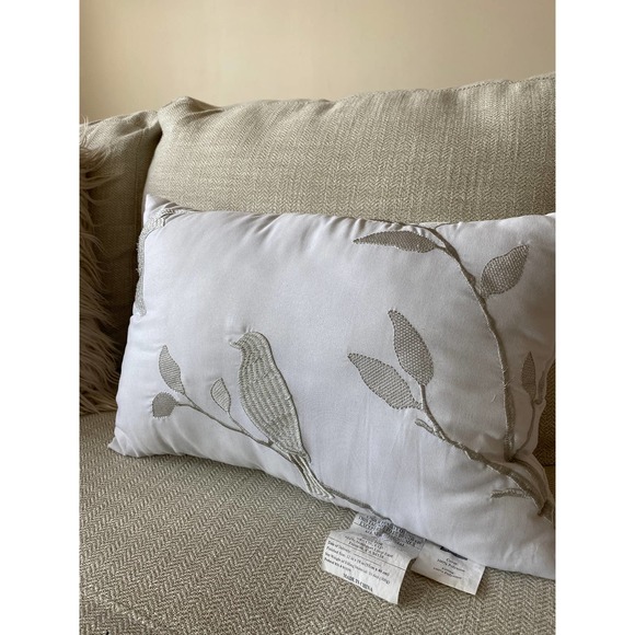 White lumbar throw pillow with gray embroidered birds, 8 inches X 14 inches - Picture 4 of 8